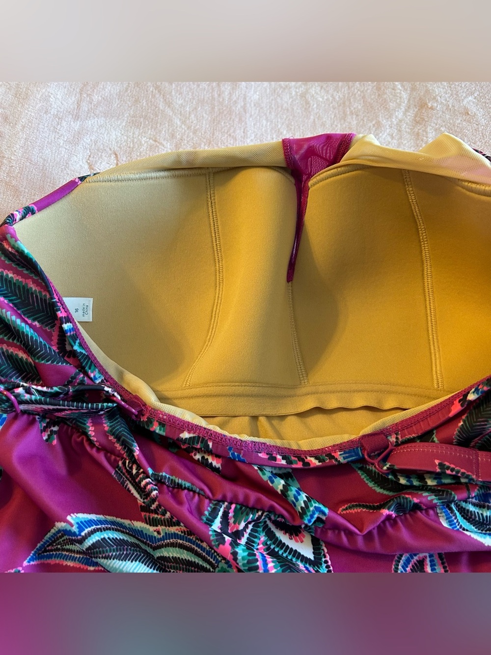 Cacique Swim purple floral print high neck mesh cutout shirrred sides tankini 16 - Picture 4 of 7